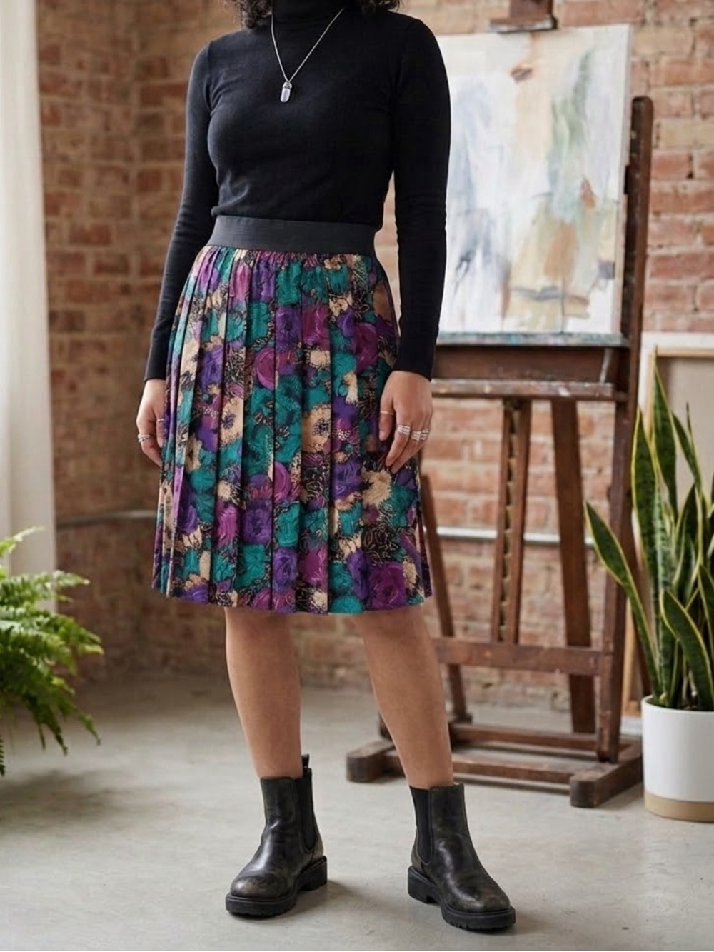 Vintage 80s 90s Boston Girl Floral Pleated Skirt L Whimsigoth Dark Cottagecore